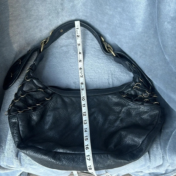 JACQUELINE JARROT Black Leather w Woven Suede & Metal Ring Accents Shoulder Bag - Picture 12 of 12